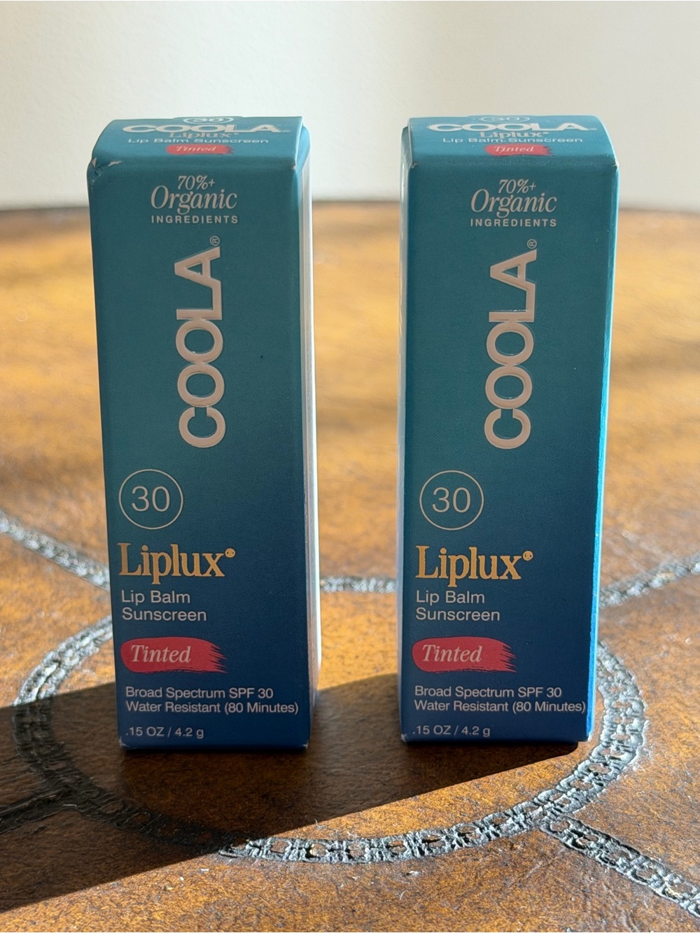 NEW IN BOX 2 TINTED COOLA ORGANIC LIPLUX LIP BALM SUNSCREEN SPF 30 WATERPROOF